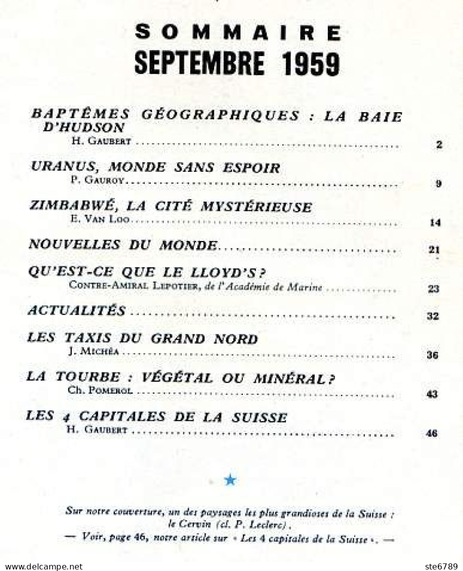 GEOGRAPHIA N° 96 1959 Zimbabwé , 4 Capitales Suisse , La Tourbe , Taxis Grand Nord , Le Lloyd S , Baie D'Hudson - Geography