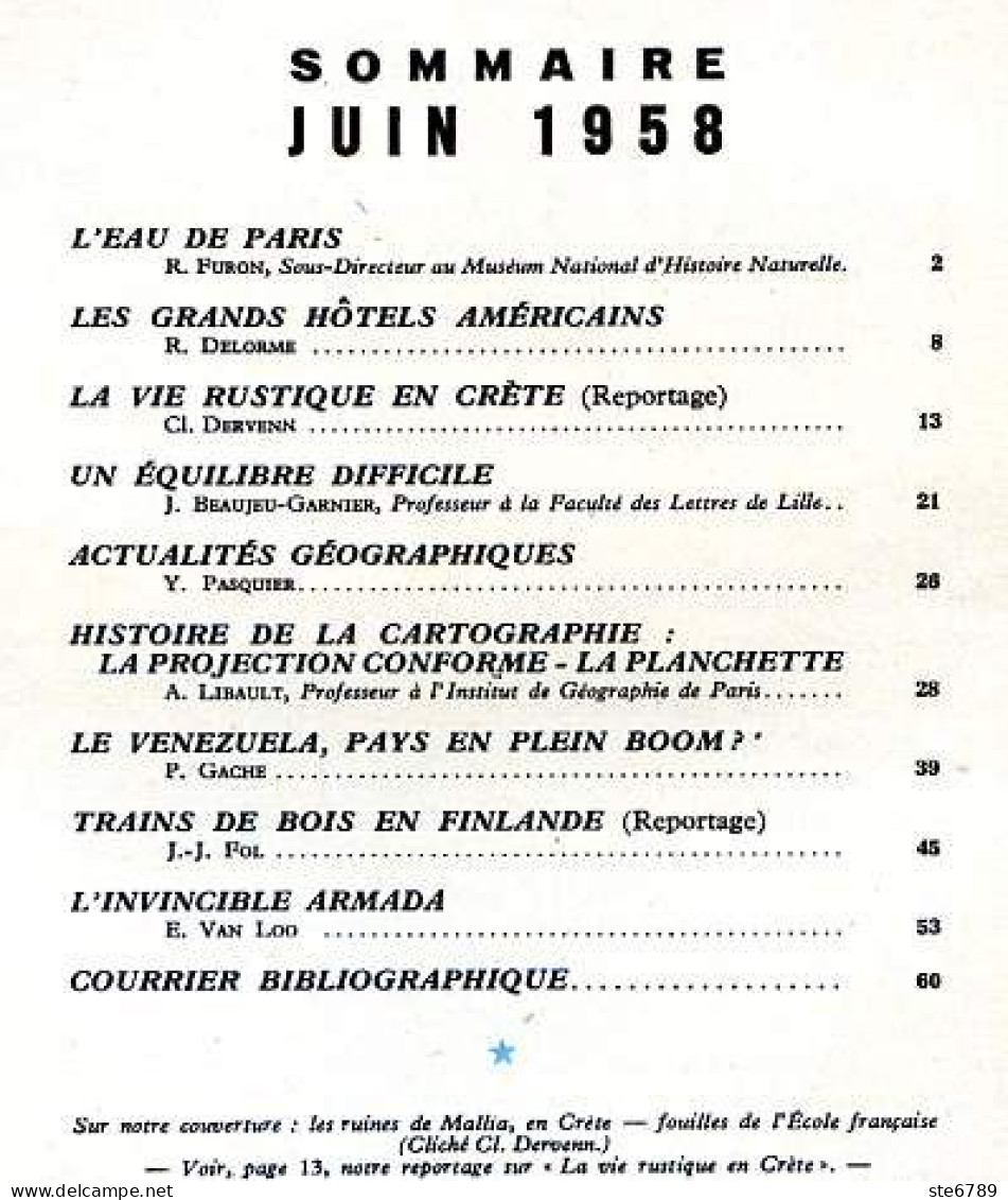 GEOGRAPHIA N° 81 1958 Vie Rustique Crete , Venezuela , Eau De Paris , Flottage Bois Finlande , Invincible Armada - Geographie
