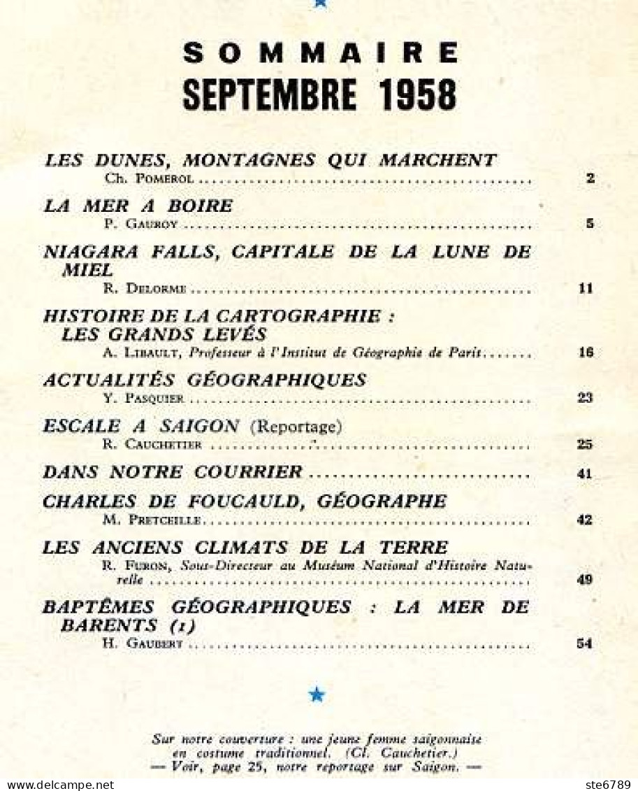 GEOGRAPHIA N° 84 1958 Saigon , Charles De Foucauld , Chutes Niagara , Mer Barents , Cartographie Les Grands Levés - Geografia