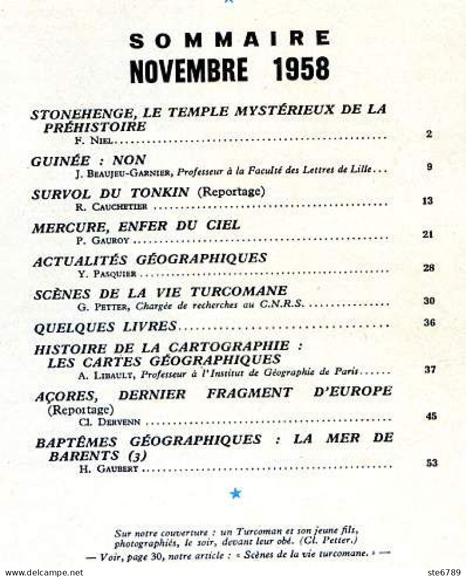 GEOGRAPHIA N° 86 1958 Les Turcomans , Survol Du Tonkin , Mercure , Stonehenge , Mer Barents , Cartes Géographiques - Geografía