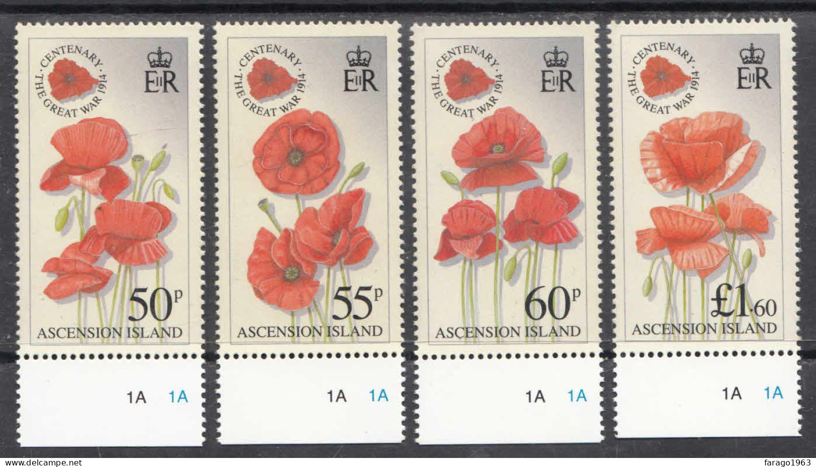 2014 Ascension World War One WWI Poppies Military History  Complete Set Of 4  MNH - Ascension