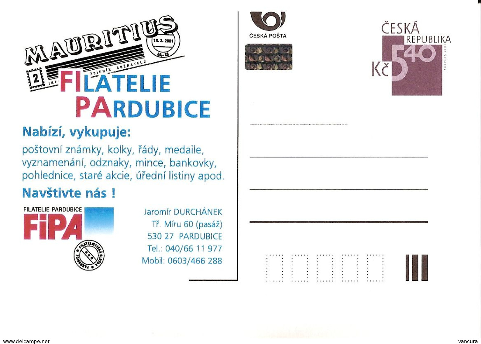 Card CDV C Czech Republic Filatelie Pardubice 2001 FiPa Retailer - Postcards