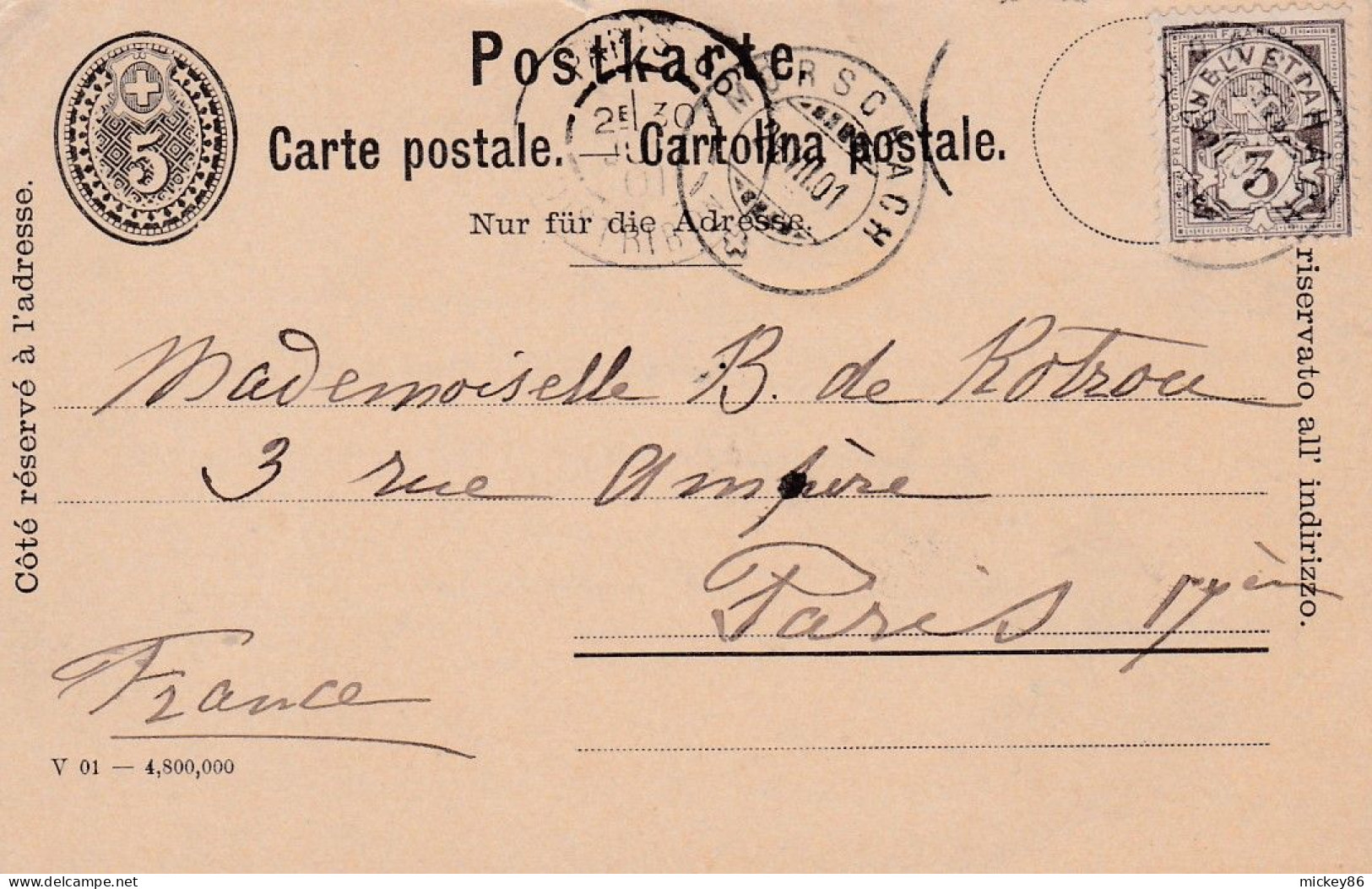 Suisse -1901--Entier Carte Postale De  MORSCHACH Pour PARIS (France) ...cachet - Stamped Stationery