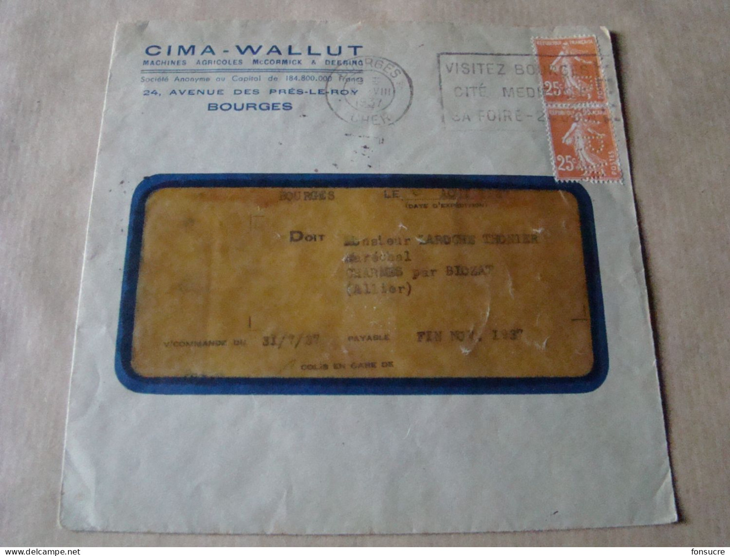 4156 Paire Semeuses 25c N°235 Perfin Perforé RW Enveloppe CIMA WALLUT Machines Agricoles McCormick Deering  Bourges 1937 - Covers & Documents