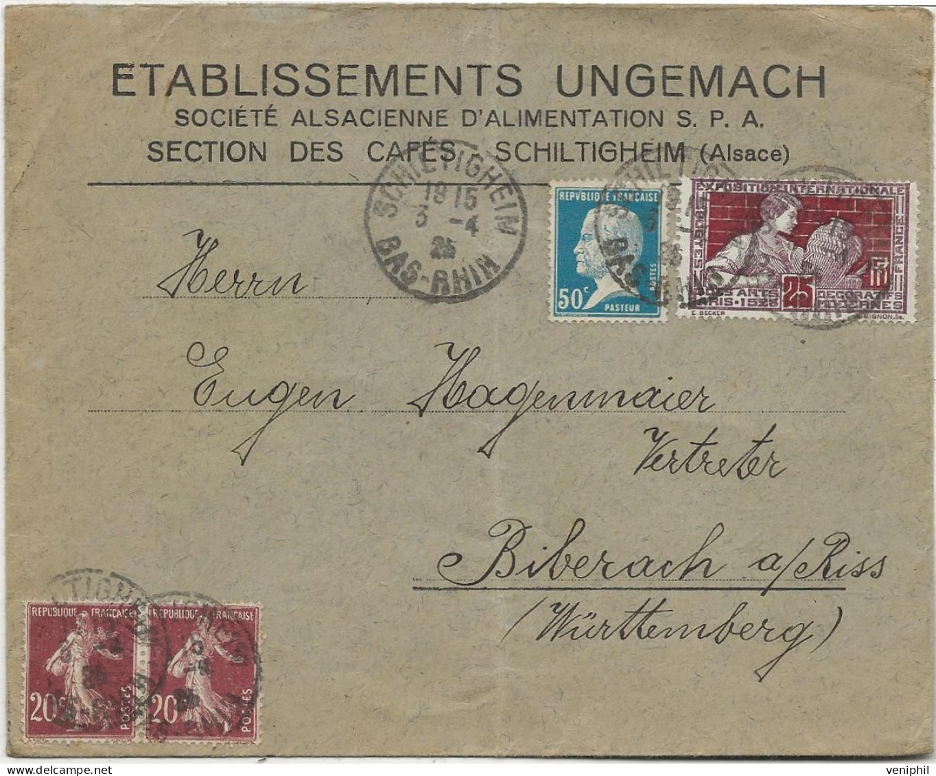 LETTRE RECOMMANDEE ALSACE  AFFRANCHIE N° 142 X2 + N° 155 --  OBLITEREE CAD WILLER HT-RHIN -ANNEE 1922 - Mechanical Postmarks (Other)