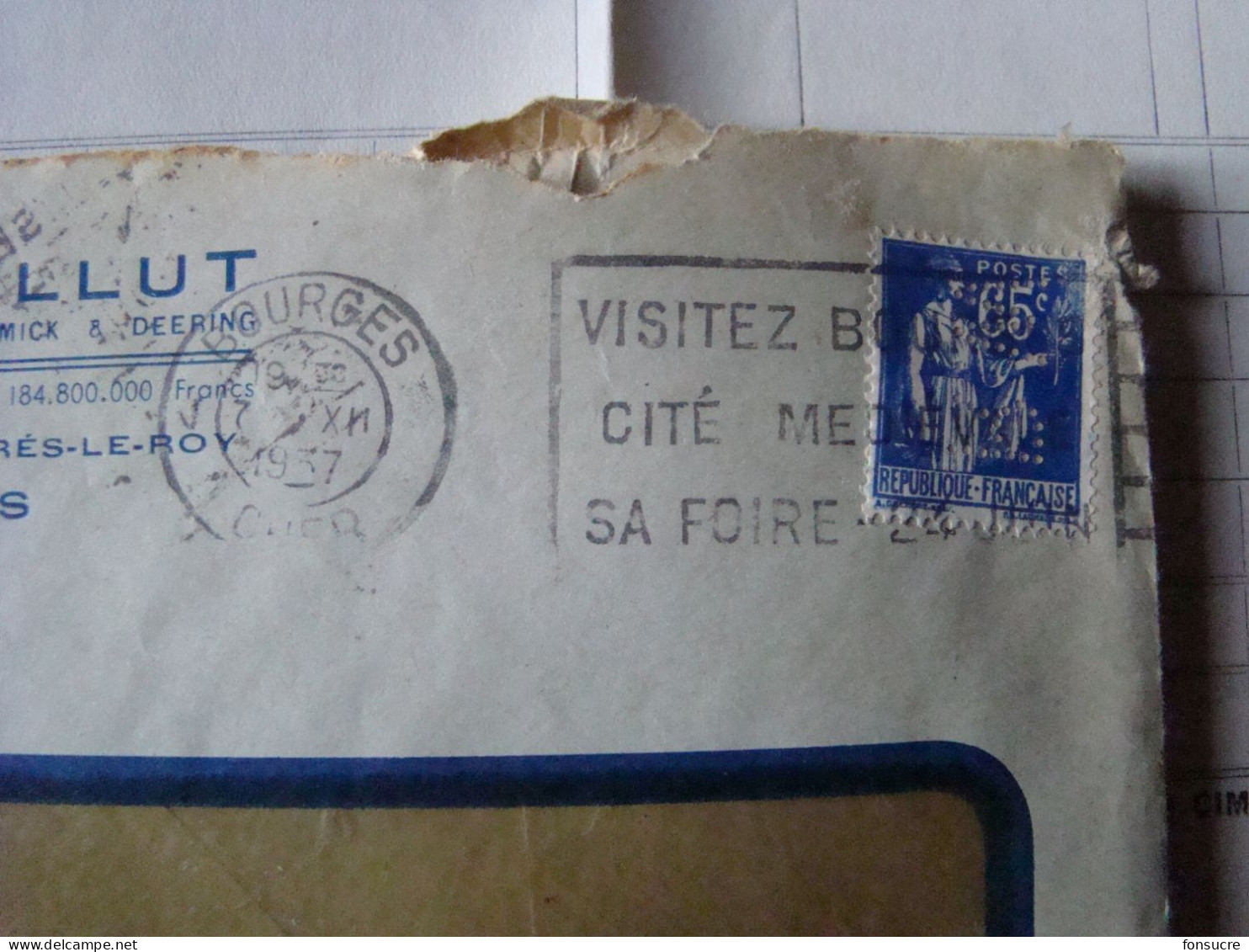 4163 Paix N°365 65c Perfin Perforé RW Enveloppe CIMA WALLUT Machines Agricoles McCormick Deering  Bourges 1937 - Lettres & Documents