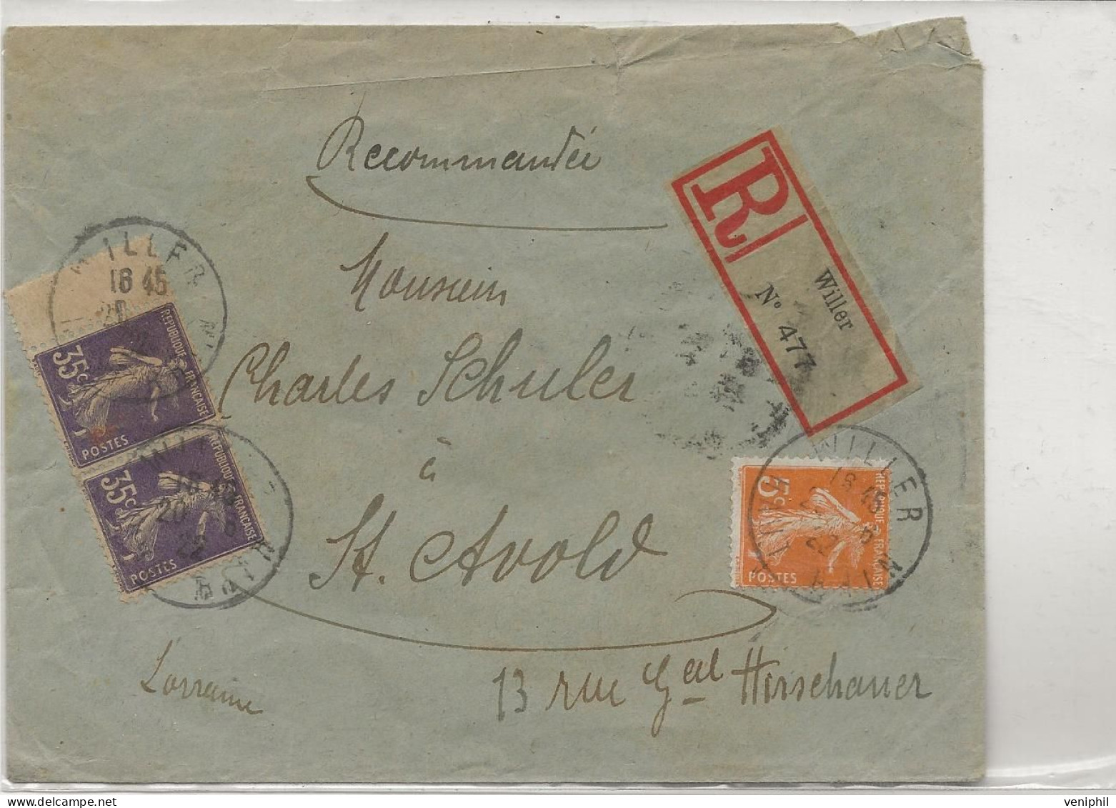 LETTRE RECOMMANDEE ALSACE  AFFRANCHIE N° 142 X2 + N° 155 --  OBLITEREE CAD WILLER HT-RHIN -ANNEE 1922 - Mechanical Postmarks (Other)
