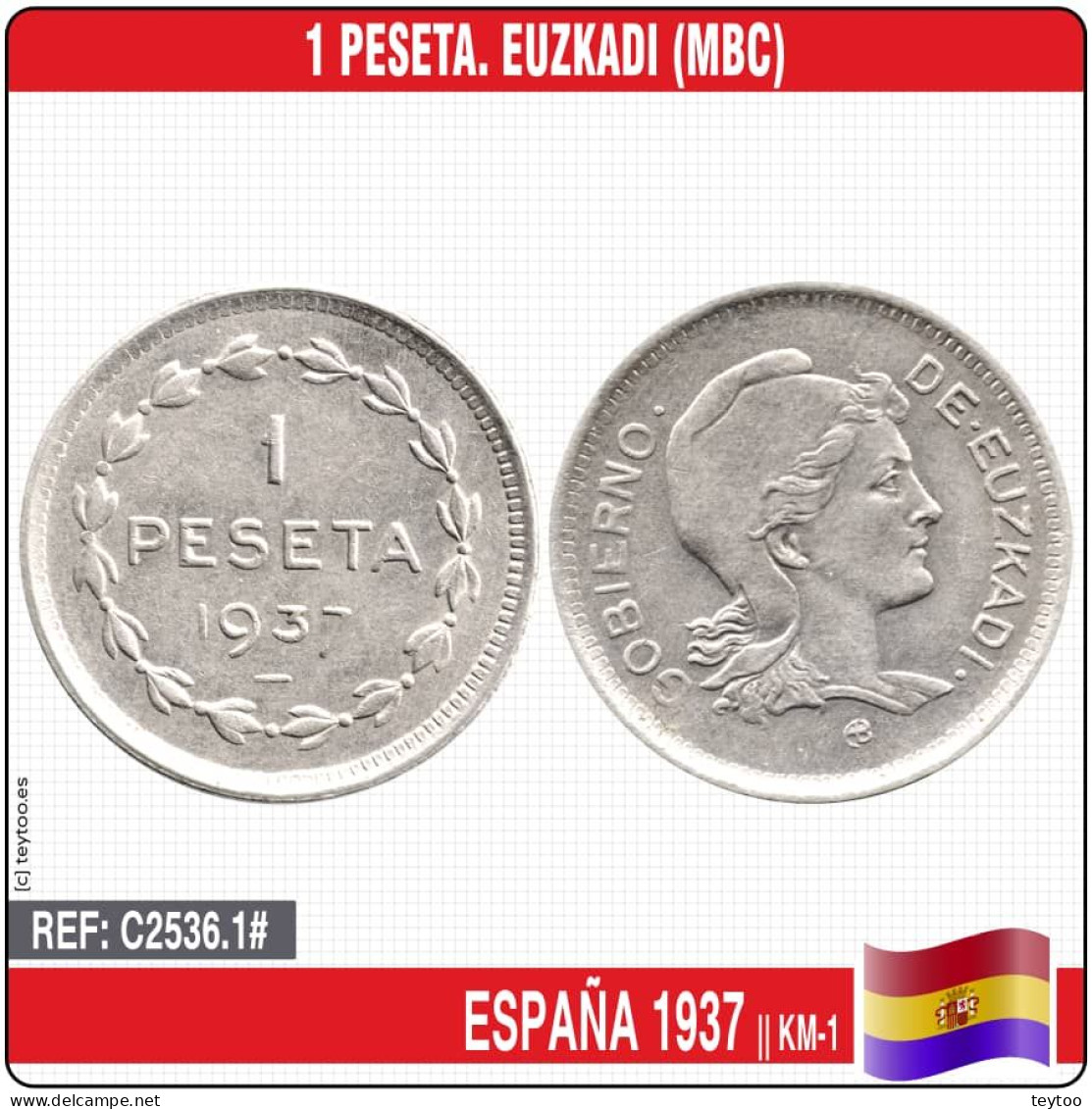 C2536.1# España 1937. 1 Peseta. Euzkadi (MBC) KM-1 - Republikanische Zone