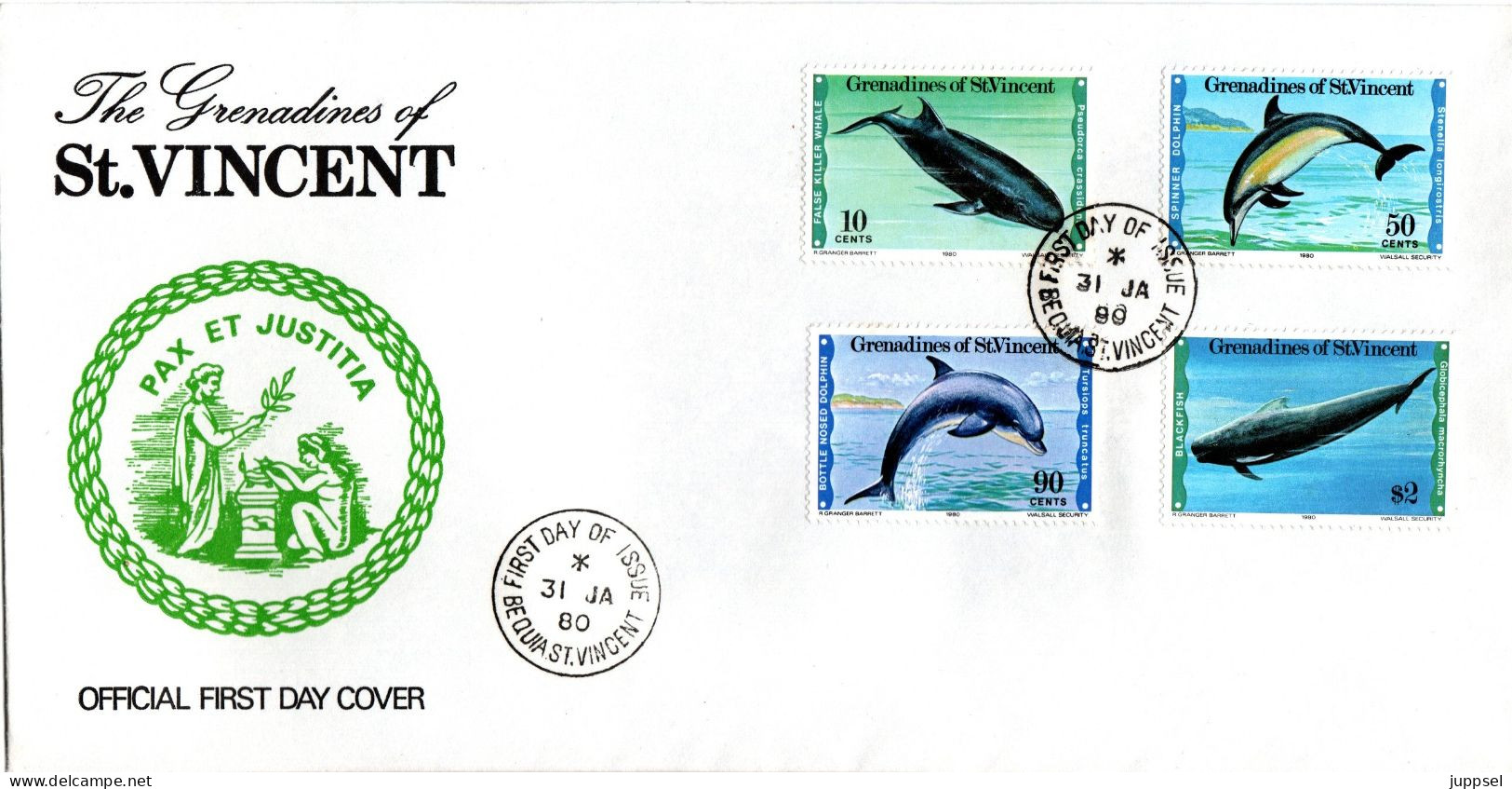 FDC, GRENADINES Of ST. VINCENT,  Dolphins    /   Lettre De Première Jour,  Dauphins   1980 - Dolfijnen