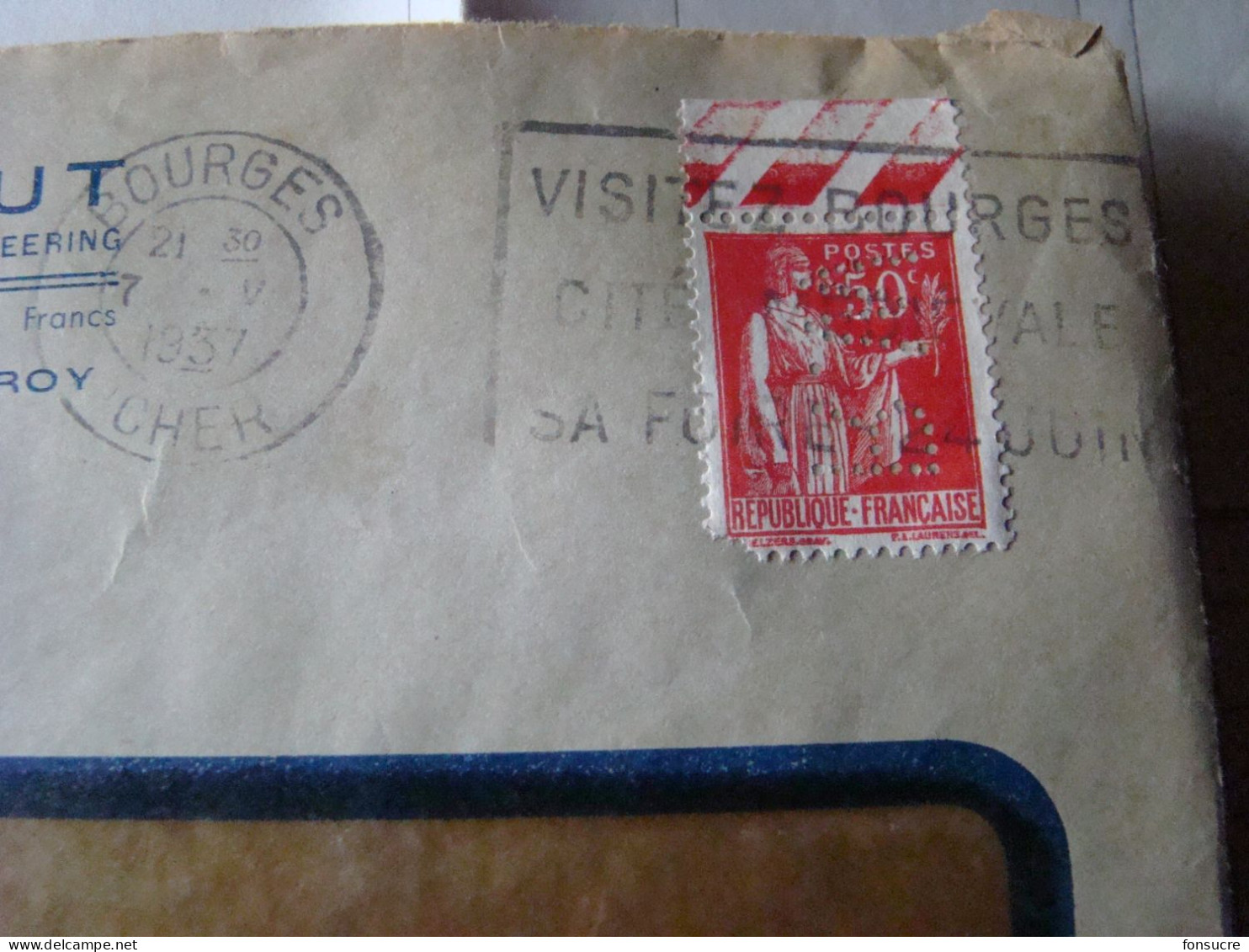 4174 Paix N°283 50c Perfin Perforé RW Enveloppe CIMA WALLUT Machines Agricoles McCormick Deering  Bourges 1937 - Storia Postale