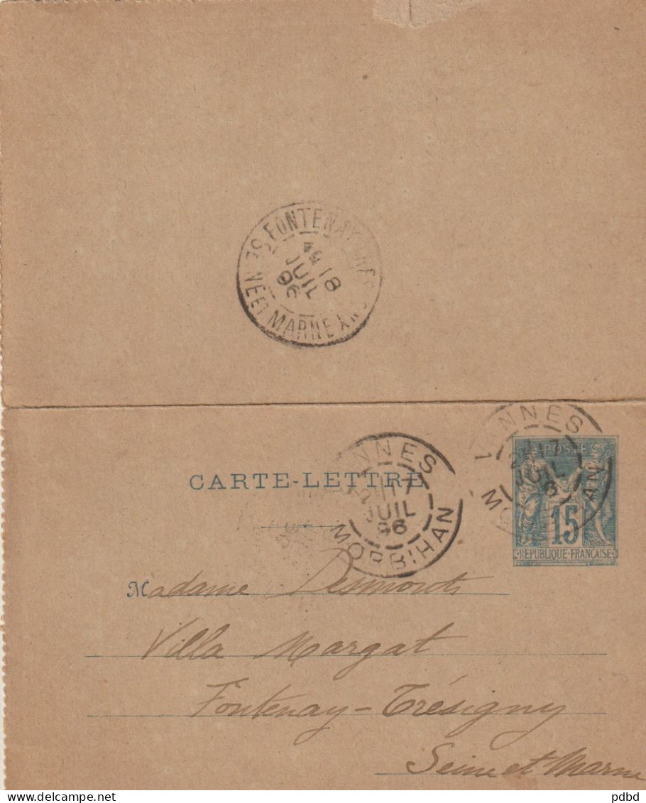 MP 162 . 56 . Entier Postal . Petit Format . Vannes . Cachet Rond Pointillé . 1896 . - Cartas/Sobre De Respuesta T