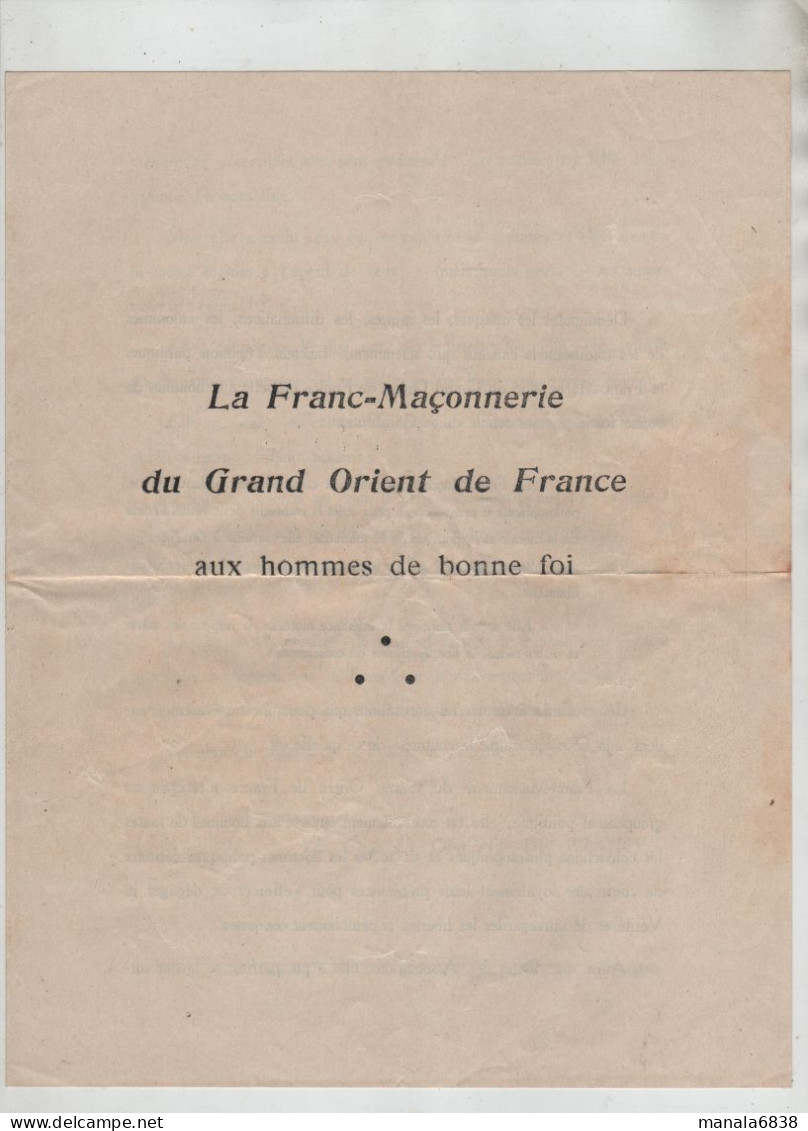 La Franc Maçonnerie Du Grand Orient De France Aux Hommes De Bonne Foi 1934 - Ohne Zuordnung