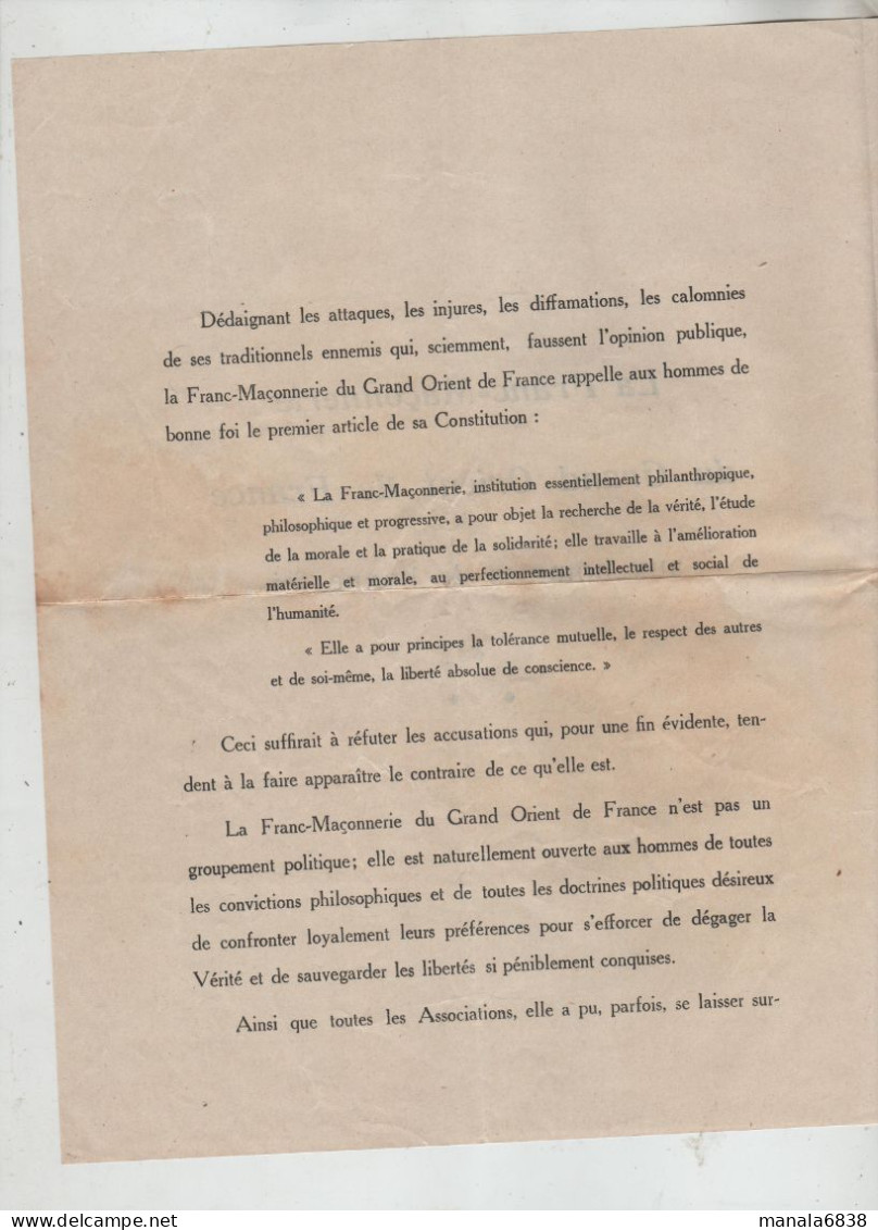 La Franc Maçonnerie Du Grand Orient De France Aux Hommes De Bonne Foi 1934 - Zonder Classificatie
