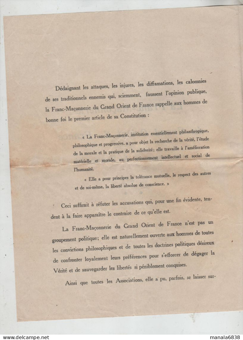 La Franc Maçonnerie Du Grand Orient De France Aux Hommes De Bonne Foi 1934 - Non Classés