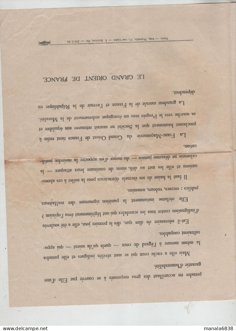 La Franc Maçonnerie Du Grand Orient De France Aux Hommes De Bonne Foi 1934 - Ohne Zuordnung