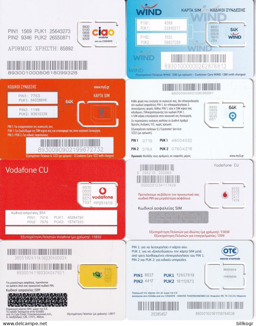 GREECE - Lot #2, 8 Different GSM Cards, Mint - Griechenland