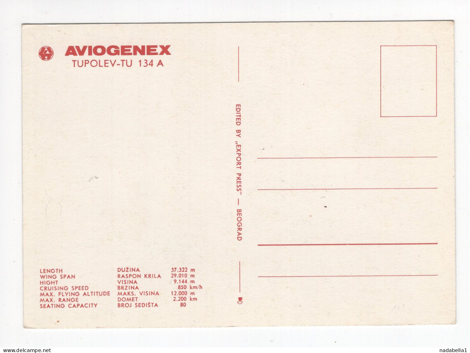 1970. YUGOSLAVIA,TUPOLEV-TU 134A AEROPLANE,AVIOGENEX,POSTCARD ,MINT - Jugoslawien