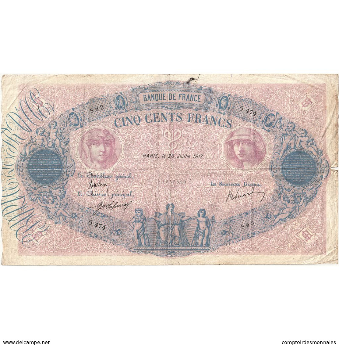 France, 500 Francs, Bleu Et Rose, 1917, O.474, TB+, Fayette:30.23, KM:66g - 500 F 1888-1940 ''Bleu Et Rose''