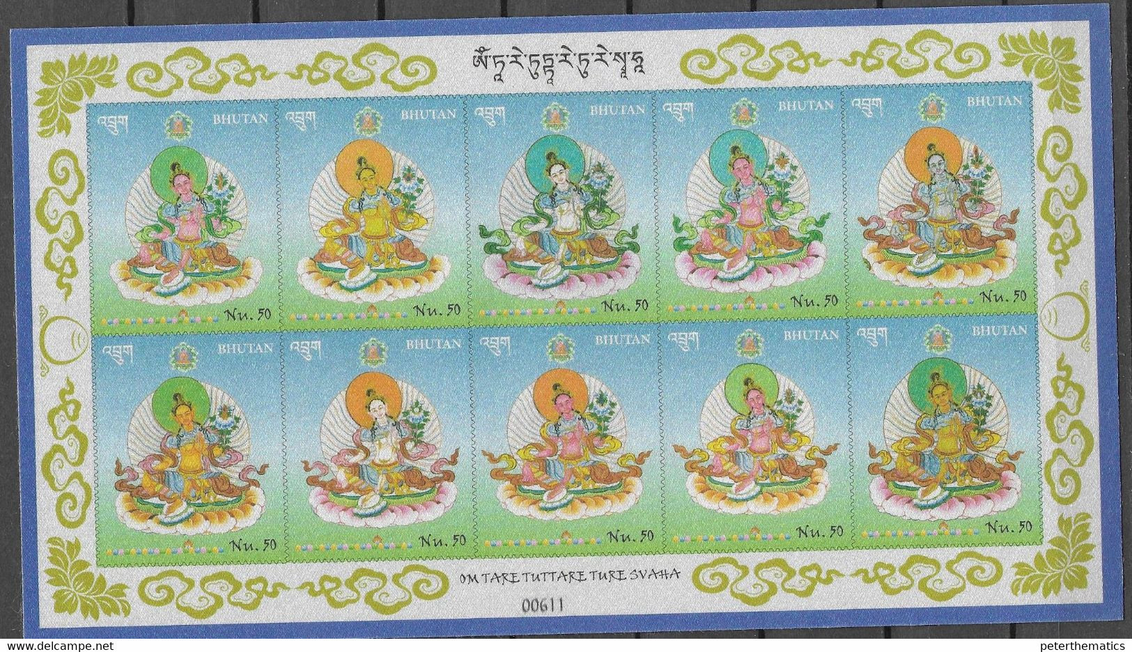 BHUTAN, 2021, MNH, BUDDHISM, TARA SILK BUDDHA, TWO SILK-PRINTED SHEETLETS - Buddhism