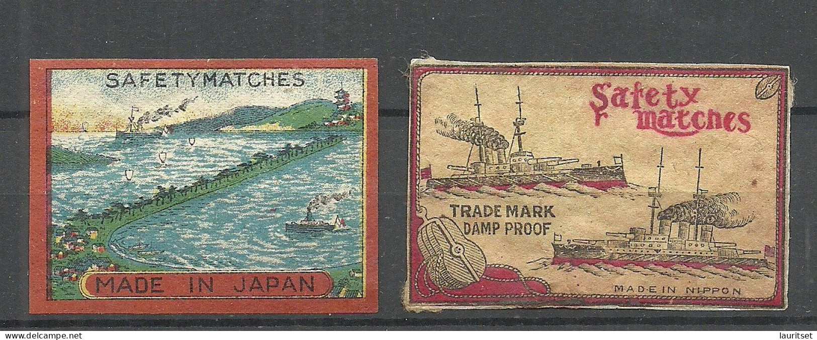 Made In JAPAN NIPPON - 2 Old Match Box Labels Zündholzschachteletiketten Ships Schiffe Safety Matches - Boites D'allumettes - Etiquettes