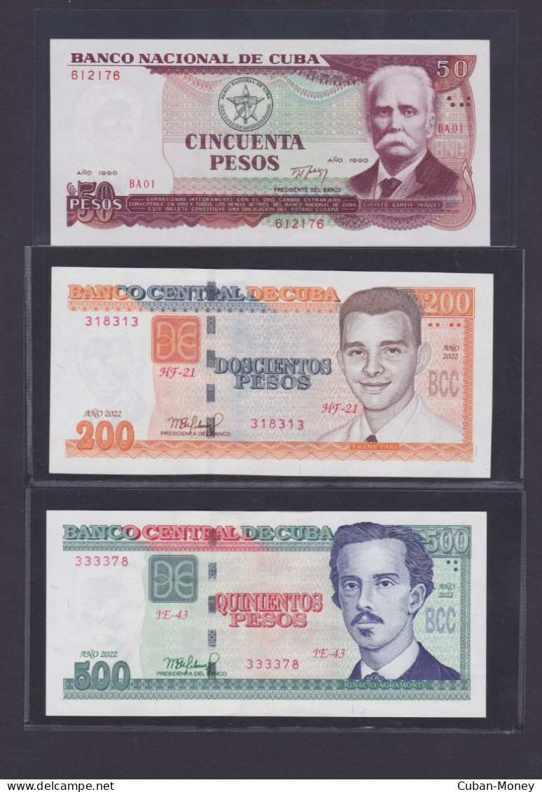 Cuba 50 Pesos 1990 SC-UNC / 200 Pesos 2022 SC-UNC / 500 Pesos 2022 SC-UNC (Lote) - Cuba