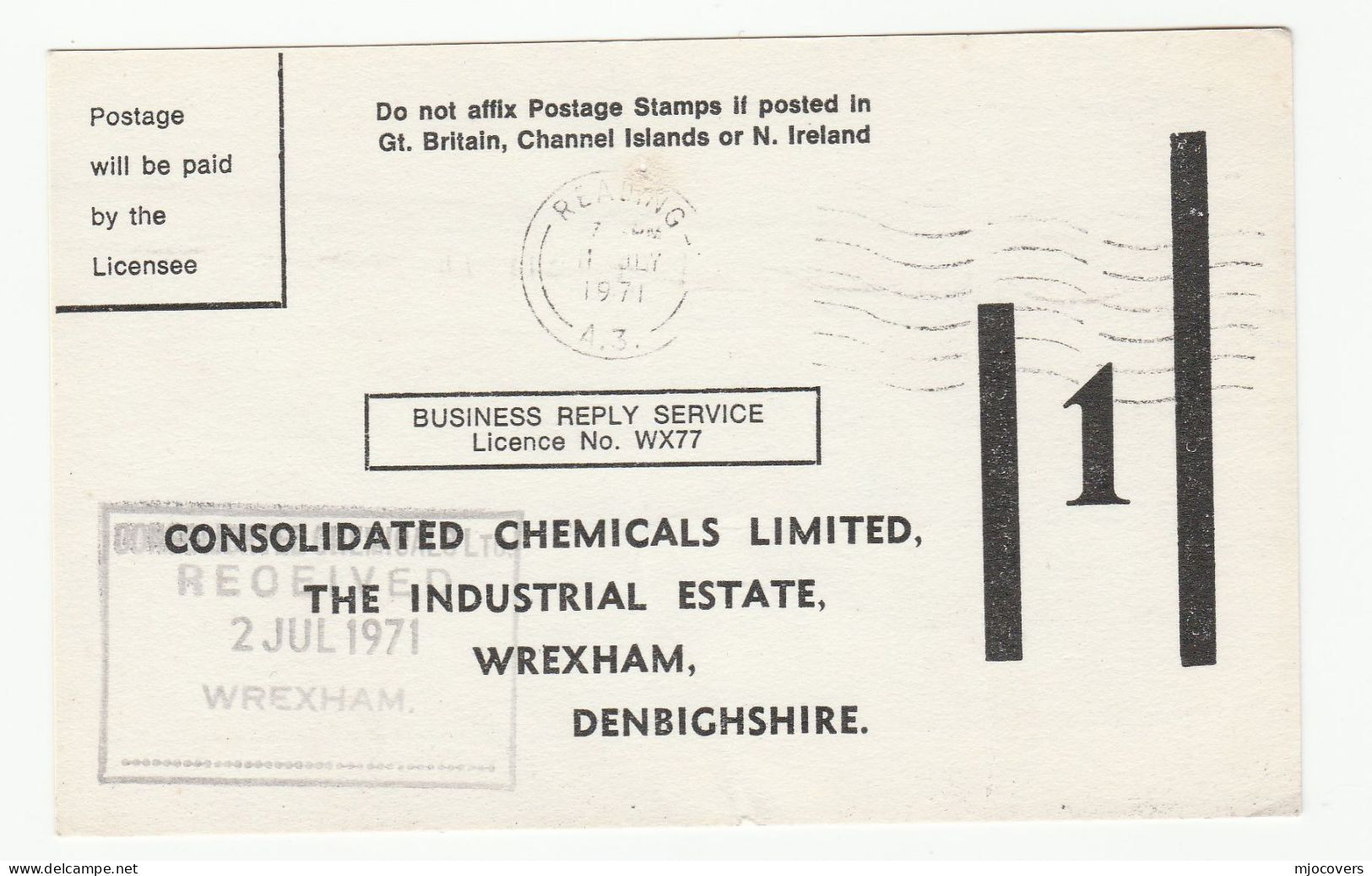 1971 CONSOLIDATED CHEMICALS Wrexham POSTAGE PAID STATIONERY Business Reply Card  From Reading GB Chemistry Health Cover - Scheikunde