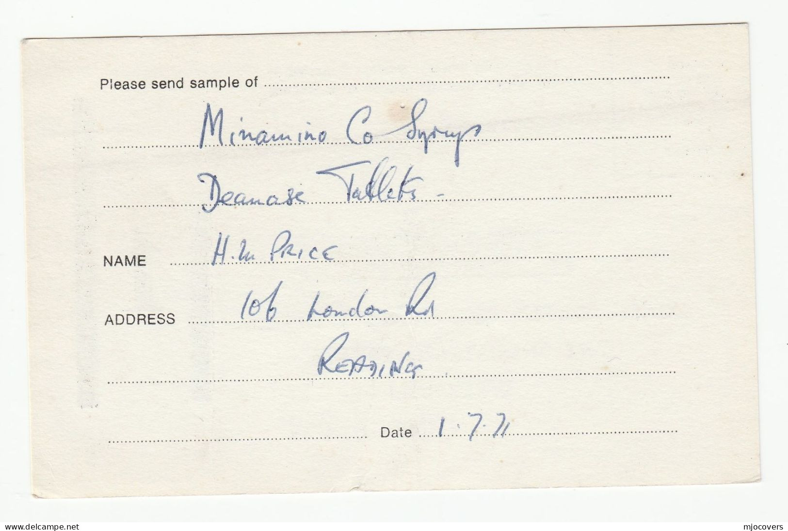 1971 CONSOLIDATED CHEMICALS Wrexham POSTAGE PAID STATIONERY Business Reply Card  From Reading GB Chemistry Health Cover - Química