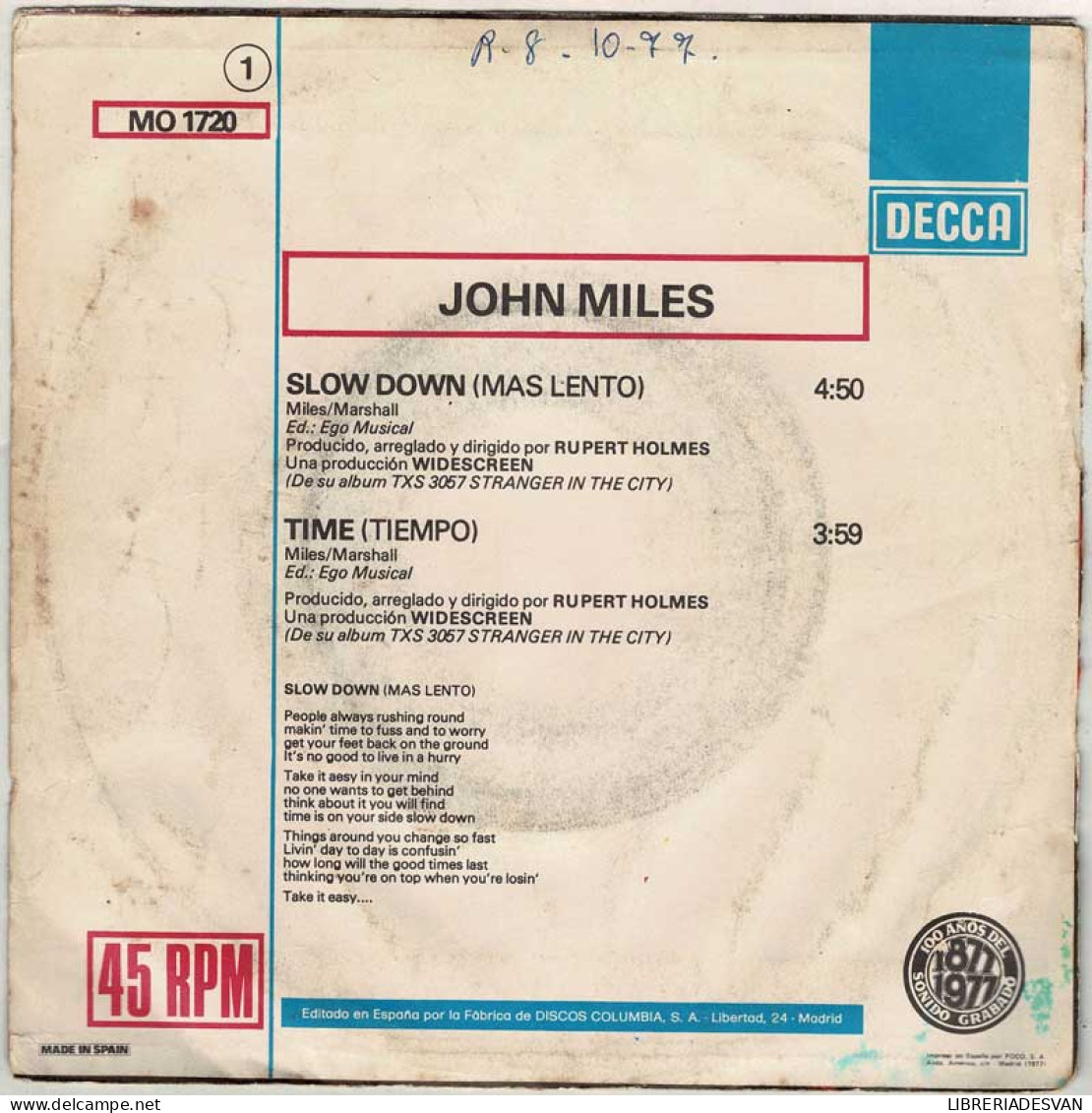 John Miles - Slow Down / Time. Single - Otros & Sin Clasificación