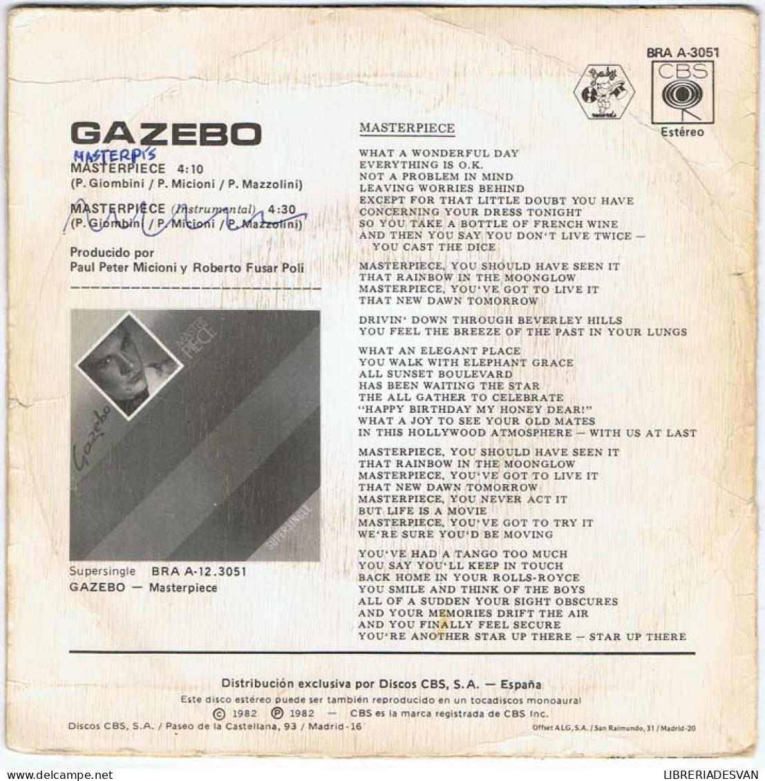 Gazebo - Masterpiece - Baby Records 1982 - Single - Andere & Zonder Classificatie