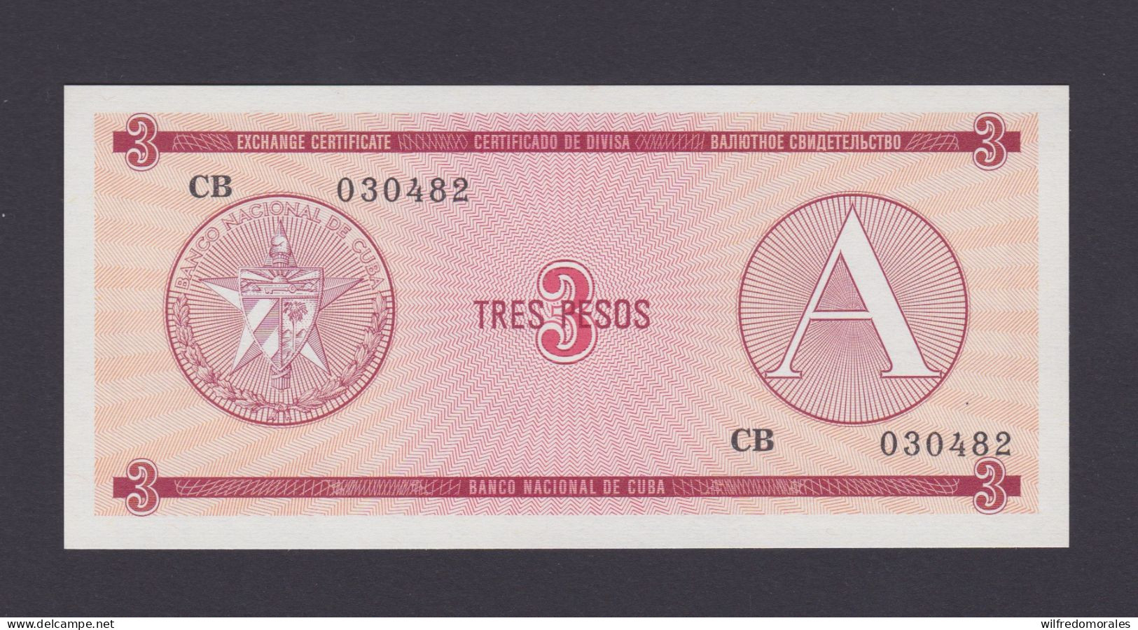 CUBA CERTIFICADO DE DIVISA 3 PESOS 1985 SERIE A - S/C UNC - Cuba