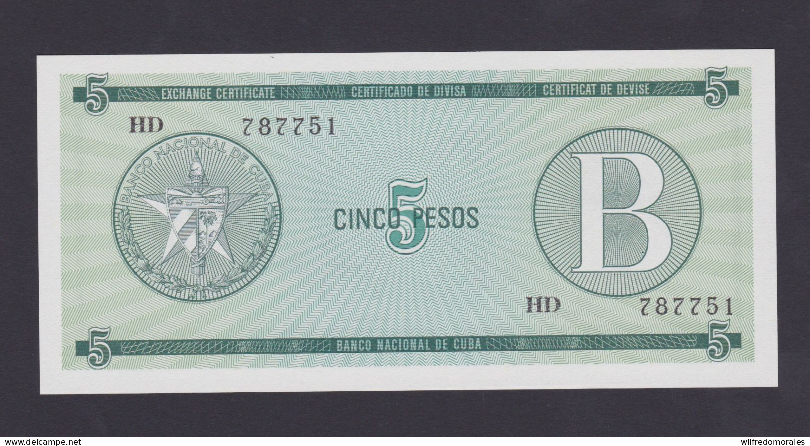 CUBA CERTIFICADO DE DIVISA 5 PESOS 1985 SERIE B - S/C UNC - Kuba