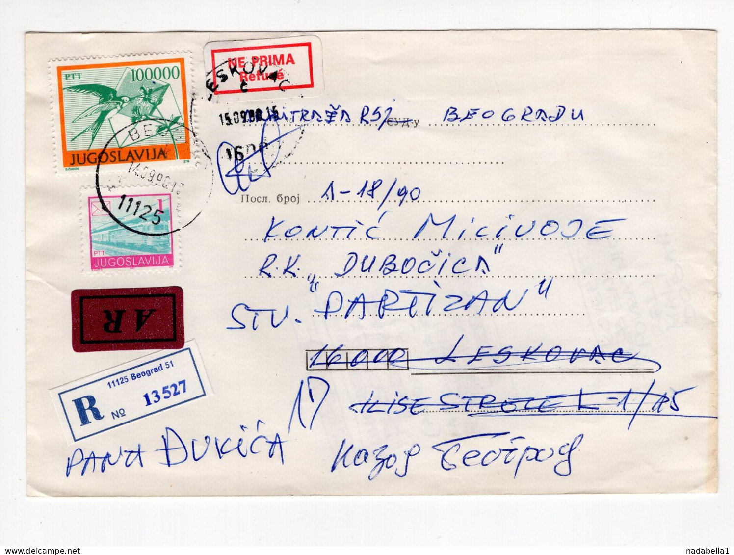 1990. YUGOSLAVIA,SERBIA,BELGRADE TO LESKOVAC AND BACK,AR,RECORDED COVER,INFLATION,INFLATIONARY MAIL,LABEL:REFUSED - Covers & Documents