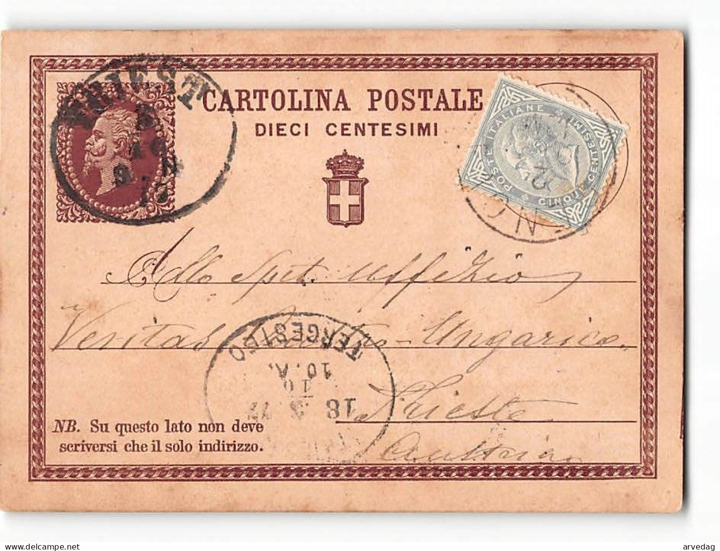 16258  CARTOLINA POSTALE GENOVA X TRIESTE 1877 - Entiers Postaux