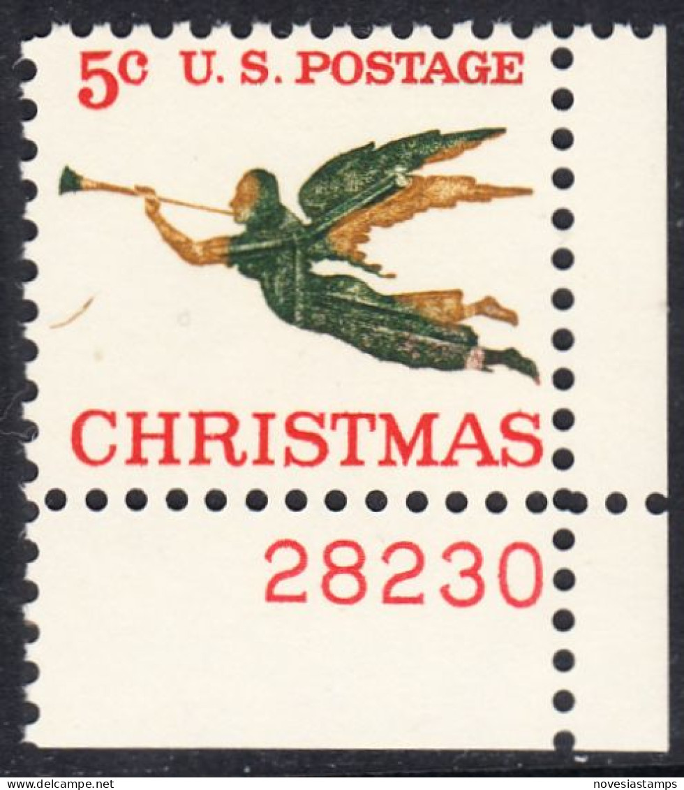 !a! USA Sc# 1276 MNH SINGLE From Lower Right Corner W/ Plate-# 28230 - Christmas: Angel With Trumpet - Nuovi