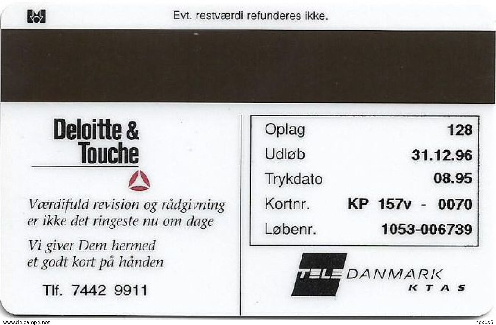 Denmark - KTAS - Privates - Deloitte & Touche - TDKP157v - 08.1995, 20kr, 128ex, Used - Dänemark