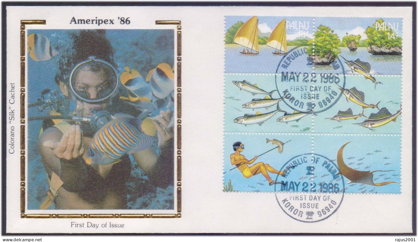 Scuba Diving, Lady Scuba Diver, Fishing, Canoe Ship, Fish, Marine Life, Animal, Palau Colorano Silk Cachet FDC - Duiken