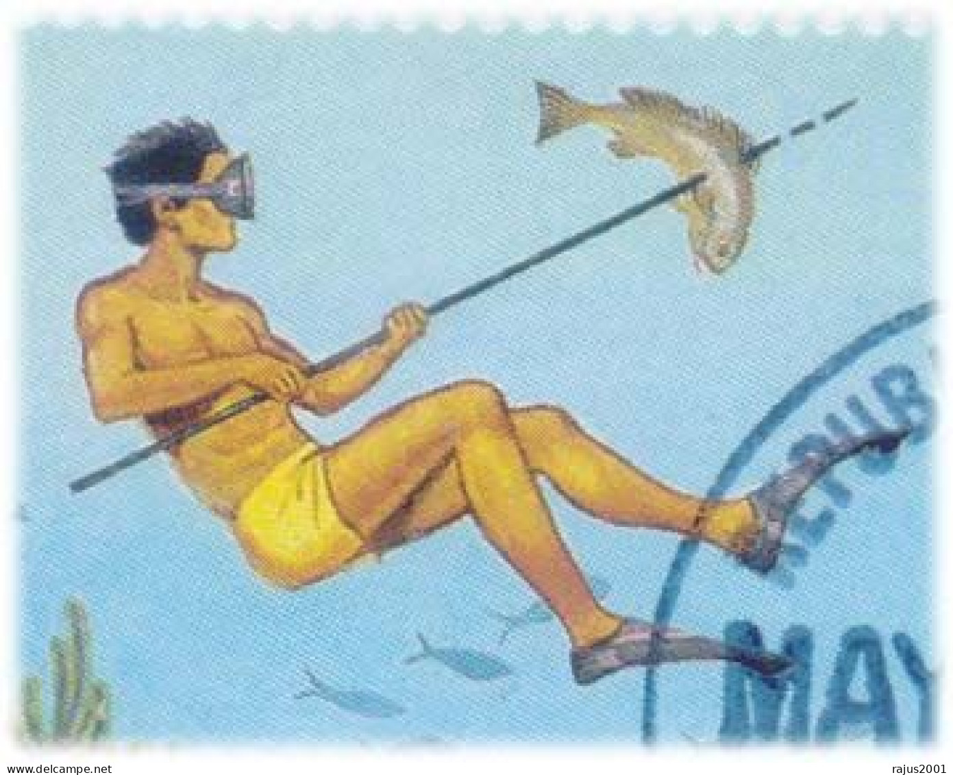 Scuba Diving, Lady Scuba Diver, Fishing, Canoe Ship, Fish, Marine Life, Animal, Palau Colorano Silk Cachet FDC - Duiken