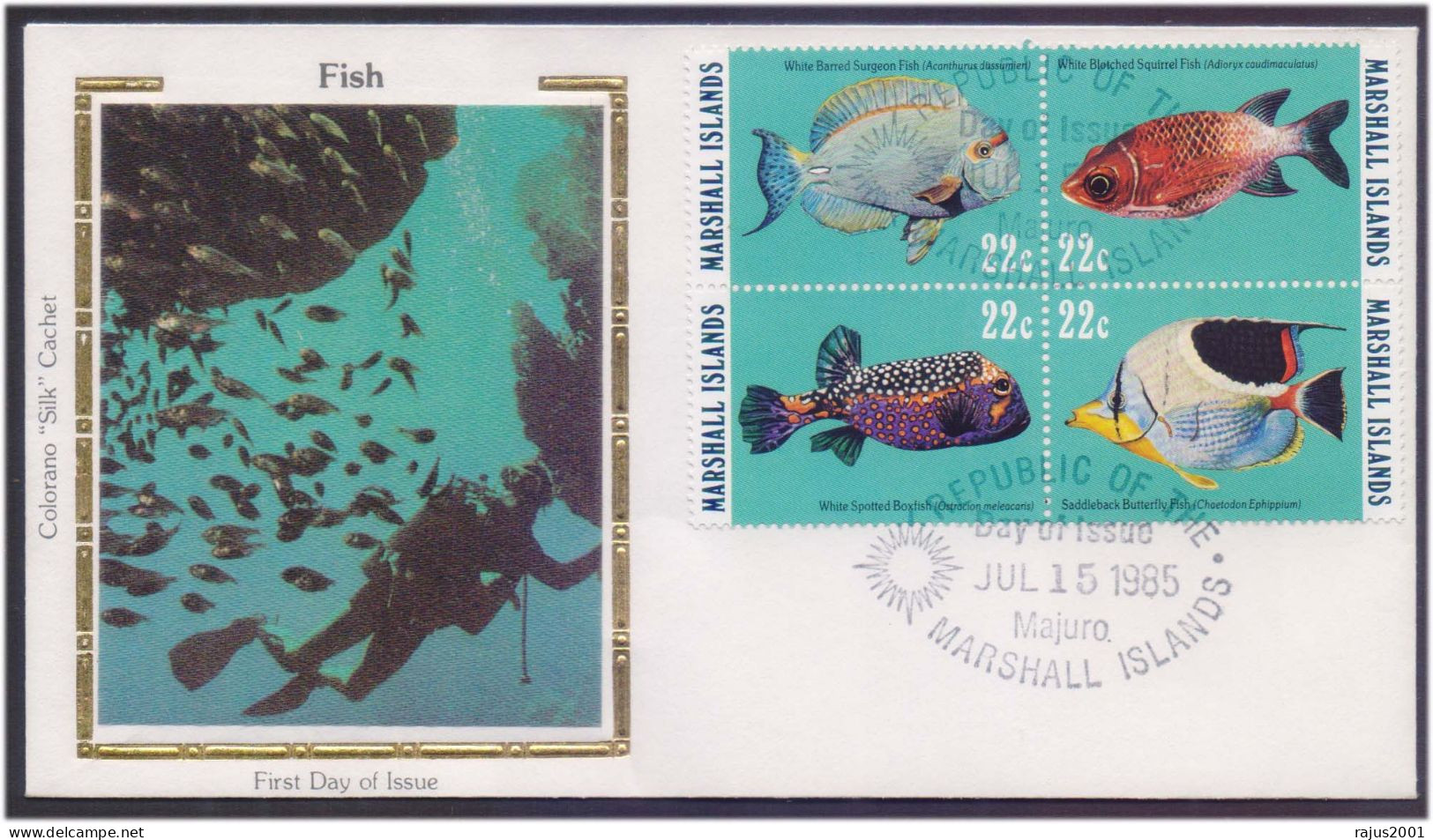 Scuba Diving, Scuba Diver, Fish, Underwater Marine Life, Animal, Marshall Colorano Silk Cachet FDC - Buceo