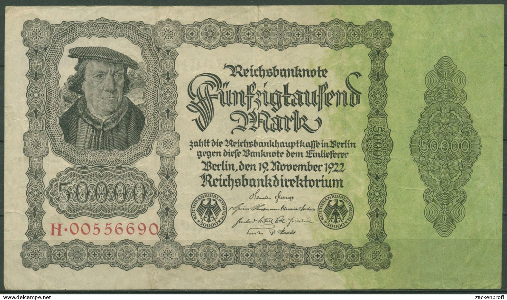 Dt. Reich 50000 Mark 1922, DEU-90b KN Rot Serie H, Gebraucht (K1428) - 50.000 Mark