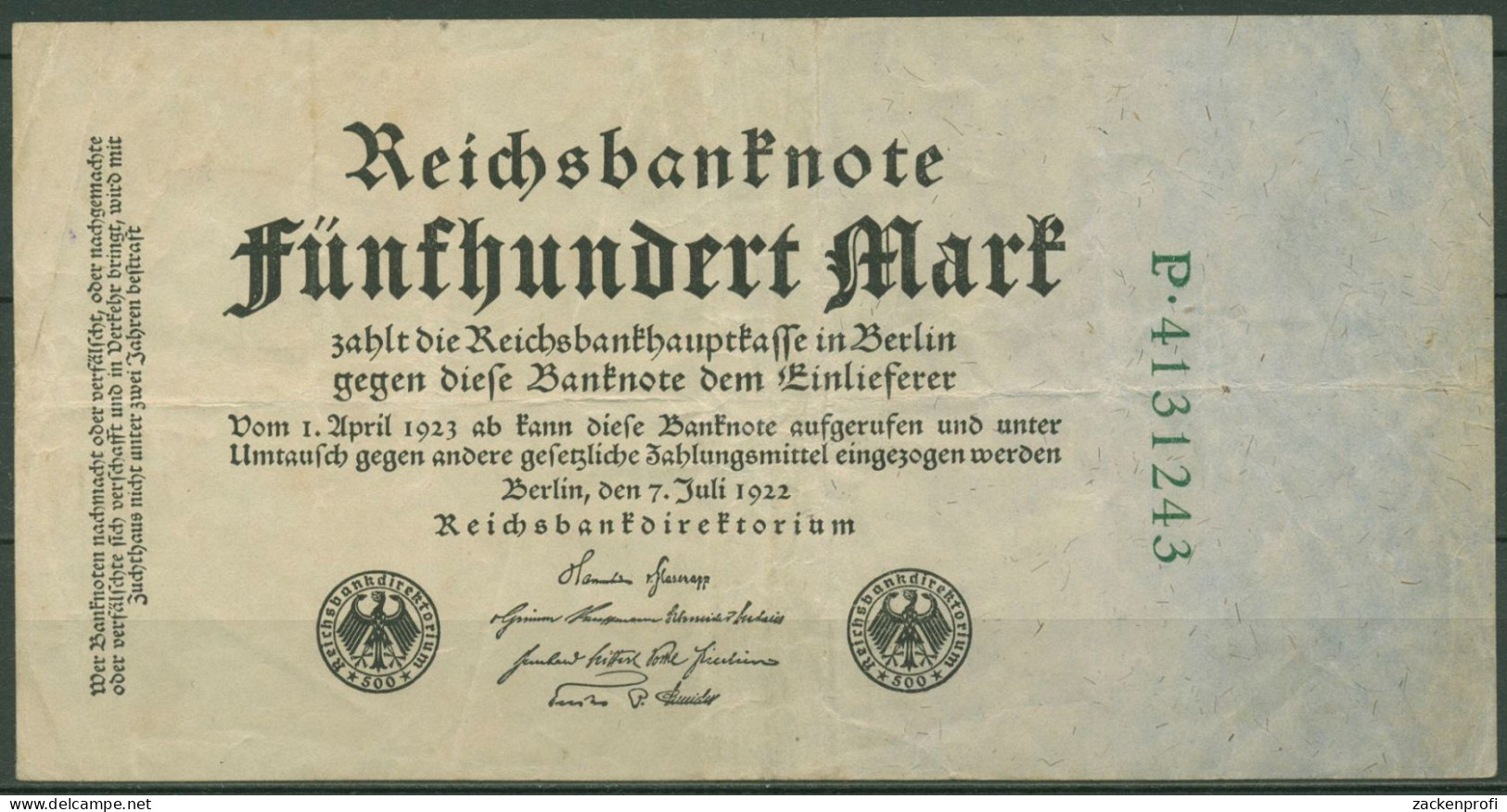 Dt. Reich 500 Mark 1922, DEU-82a Serie P, Gebraucht (K1440) - 500 Mark