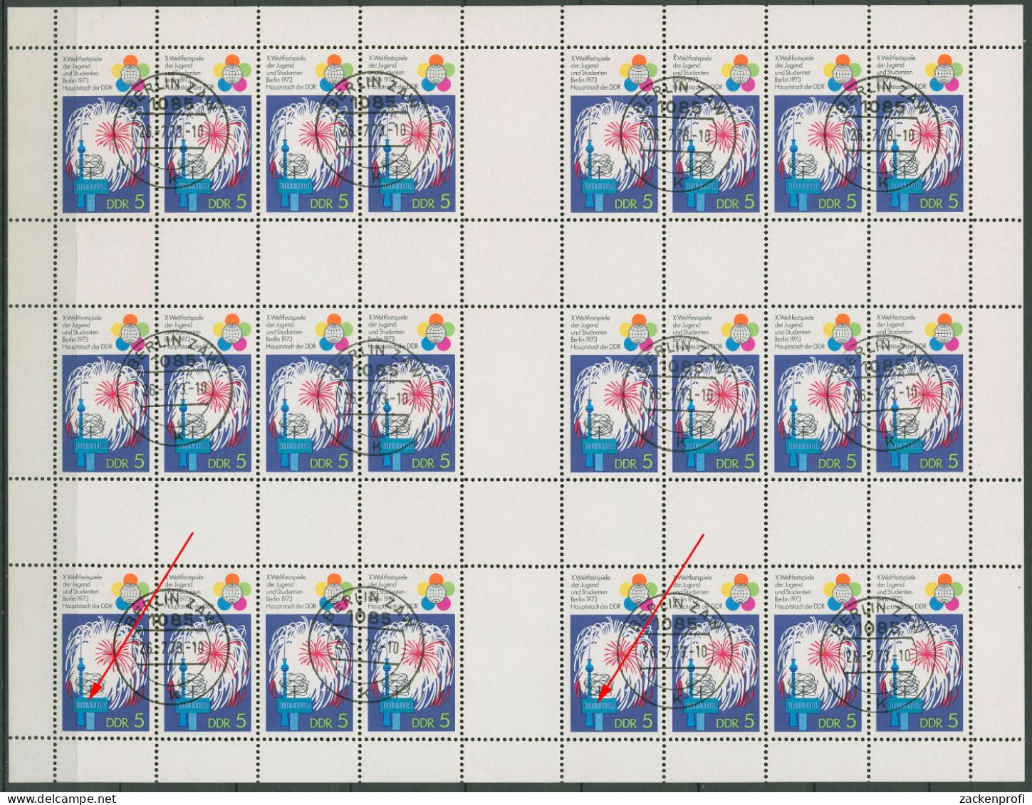 DDR MH-Bogen 1973 Weltfestpiele Mit 5 Plattenfehlern MHB 16 A II Gestempelt - Postzegelboekjes