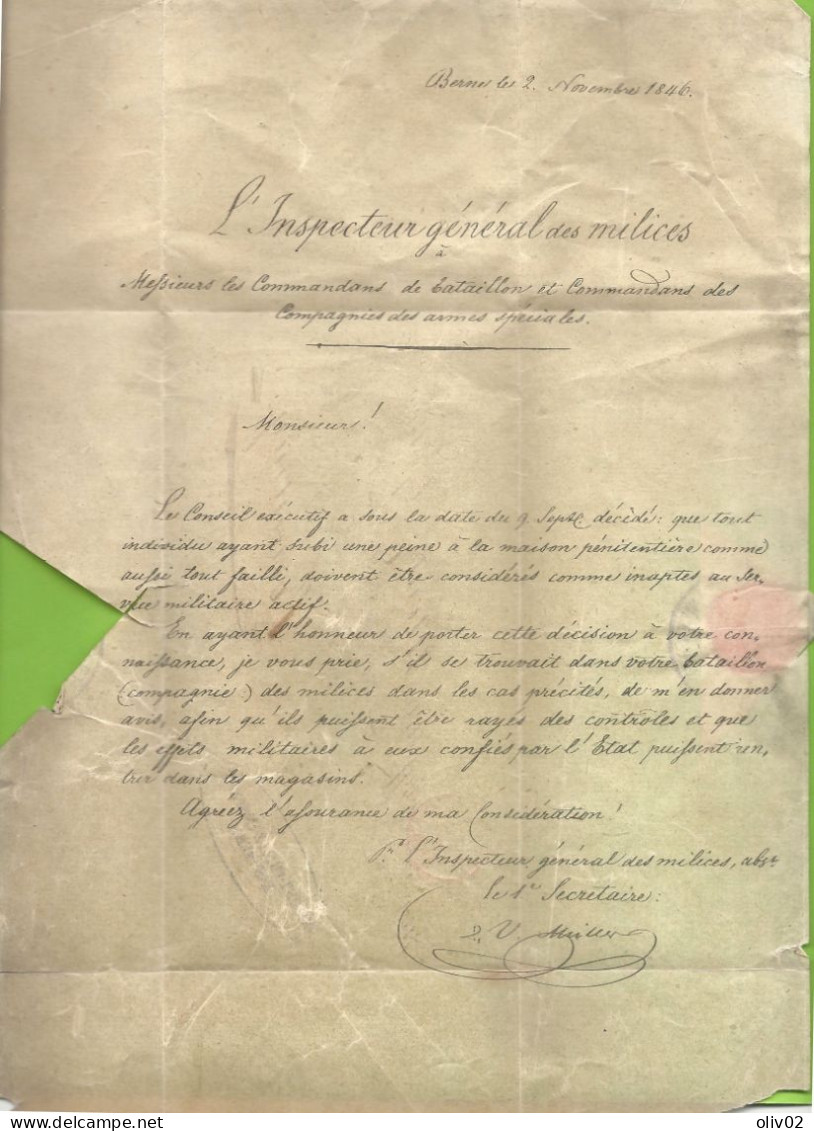 BERN Pour MORTZ; Capitaine De La 3e Compagnie Des Fusilliers Du 8e Bataillon à Porrentruy. Inspection Des Milices - ...-1845 Préphilatélie