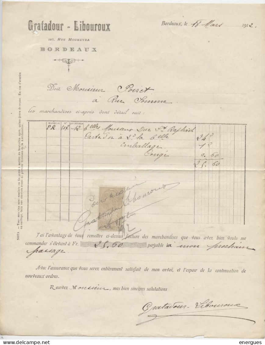 Bordeaux, Caudéran , 2 Docs, Gratadour  Libouroux, Cave Vin, Vente à Poiret, Rue, Somme, 1912 Et 1926 - Facturas