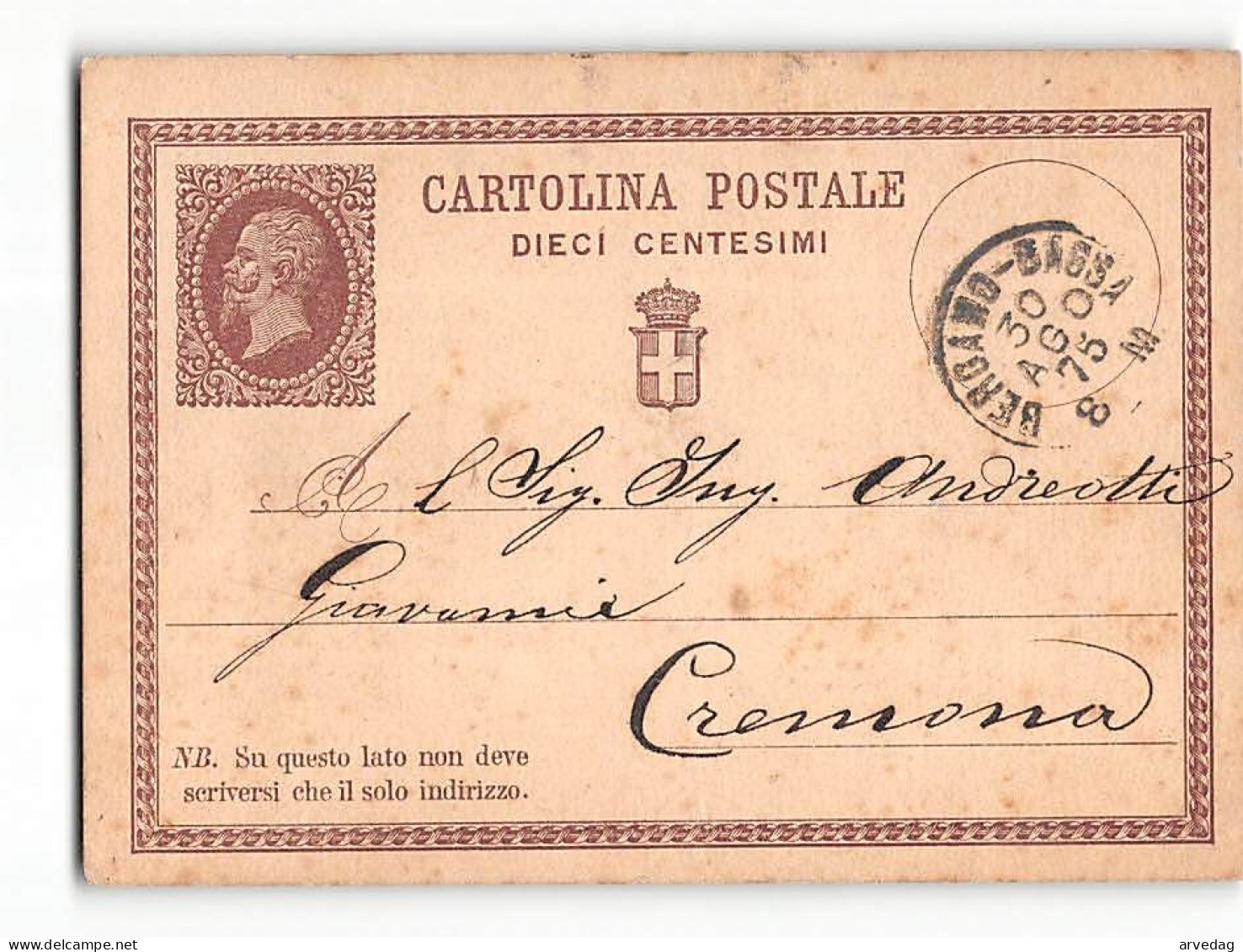 16296  CARTOLINA POSTALE 10 CENT. BERGAMO BASA X CREMONA - 1875 - Stamped Stationery