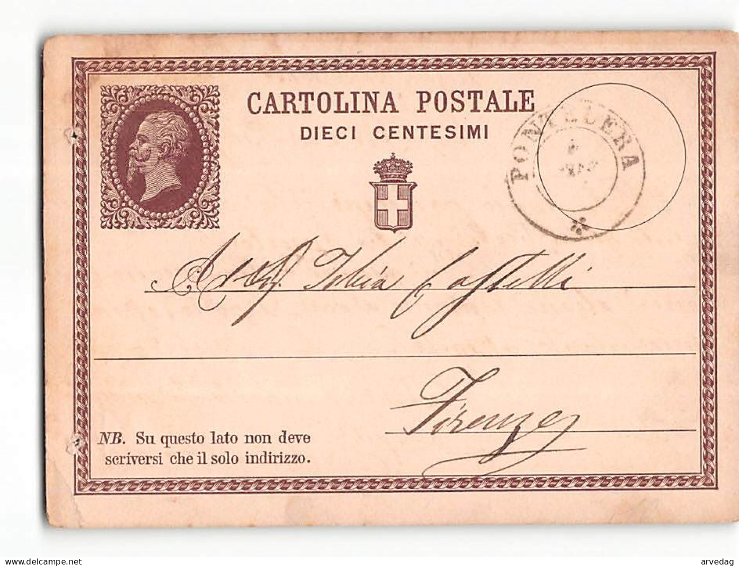 16298  CARTOLINA POSTALE 10 CENT. PONTEDERA X FIRENZE - 1876 - Stamped Stationery