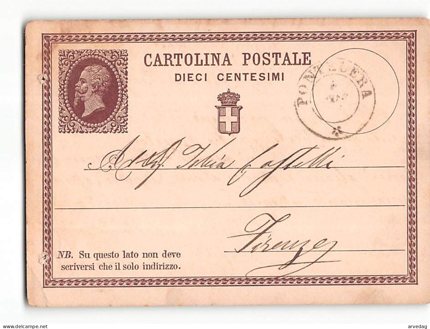 16298  CARTOLINA POSTALE 10 CENT. PONTEDERA X FIRENZE - 1876 - Interi Postali