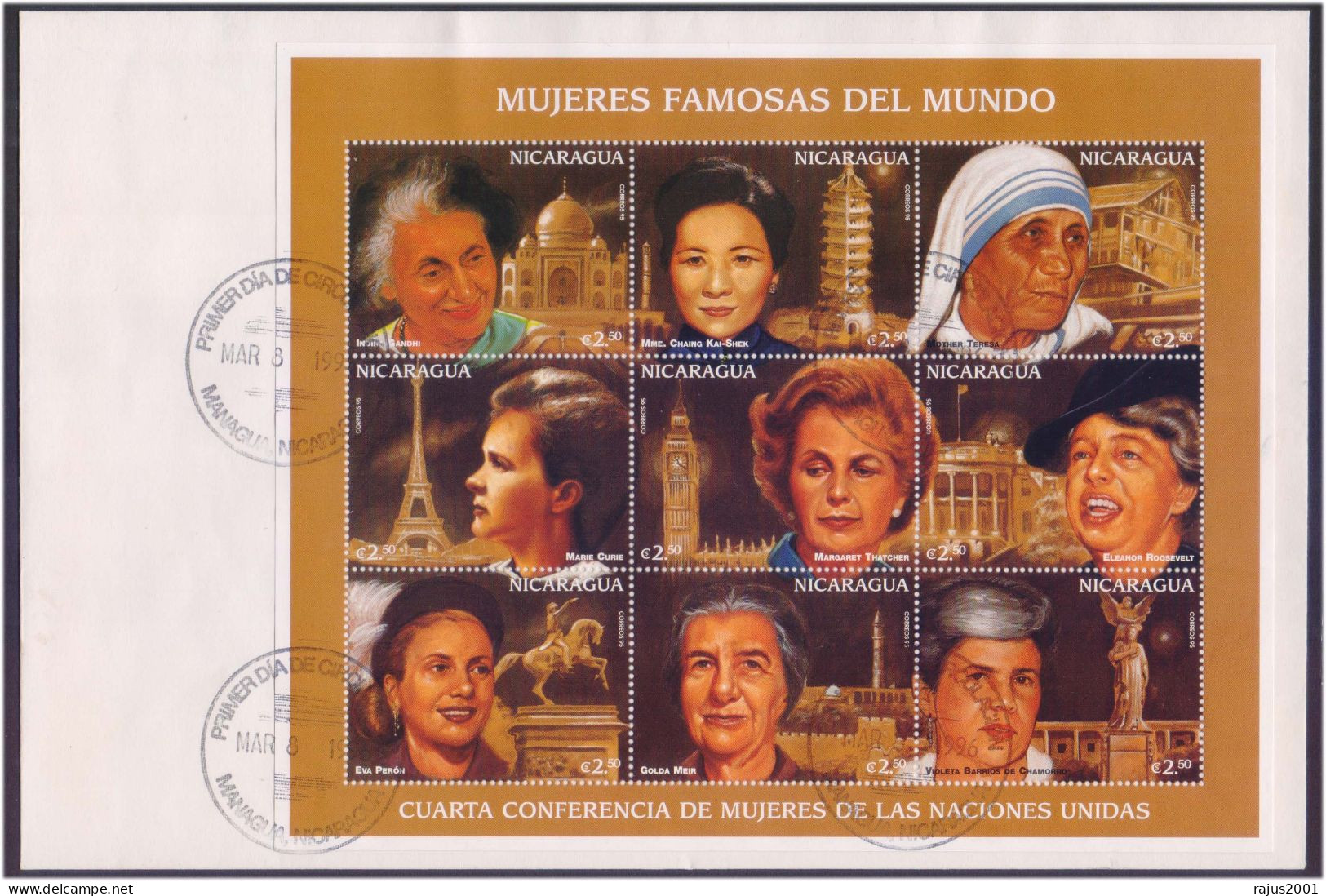 Famous Women Mother Teresa, Indira Gandhi, Roosevelt, Marie Curie, Nobel Prize Winner, Medical, Indian, Nicaragua FDC - Mother Teresa