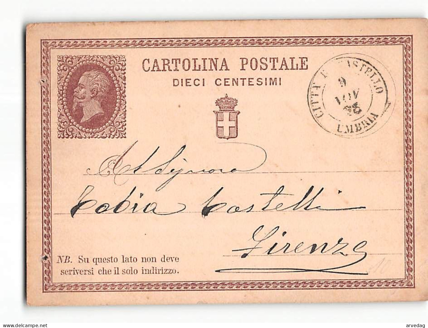 16299  CARTOLINA POSTALE 10 CENT. CITTA DI CASTELLO X FIRENZE - 1878 - Postwaardestukken
