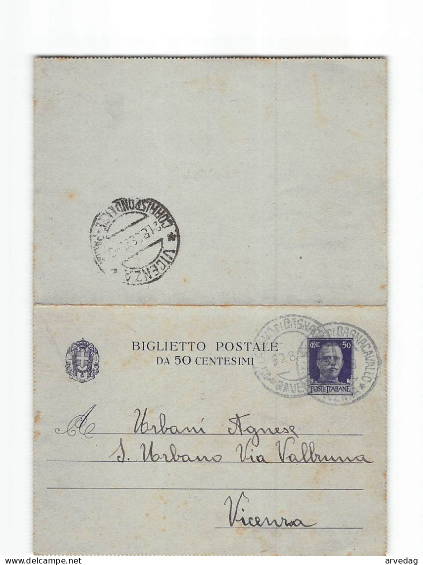 16302 BIGLIETTO 50 CENT VILLANOVA DI BAGNACAVALLO X VICENZA - Stamped Stationery