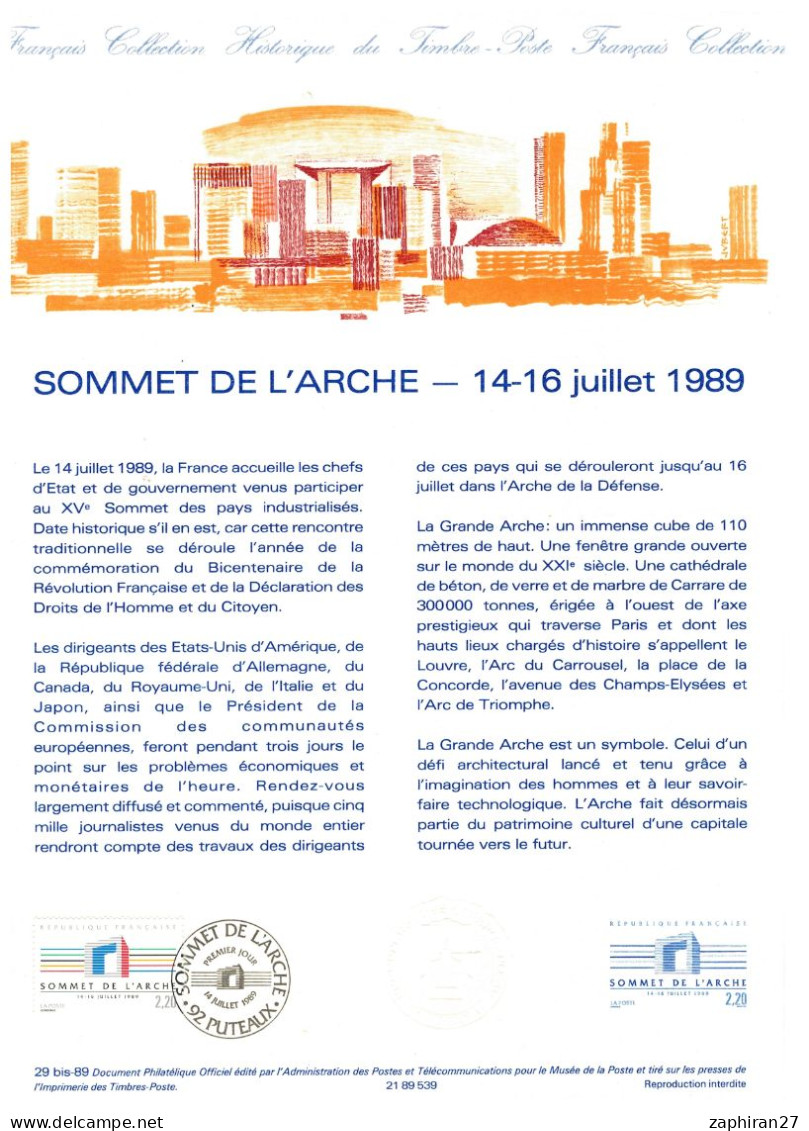 DOCUMENT PHILATELIQUE SOMMET DE L'ARCHE 14-7-1989 #406# - Monumenti